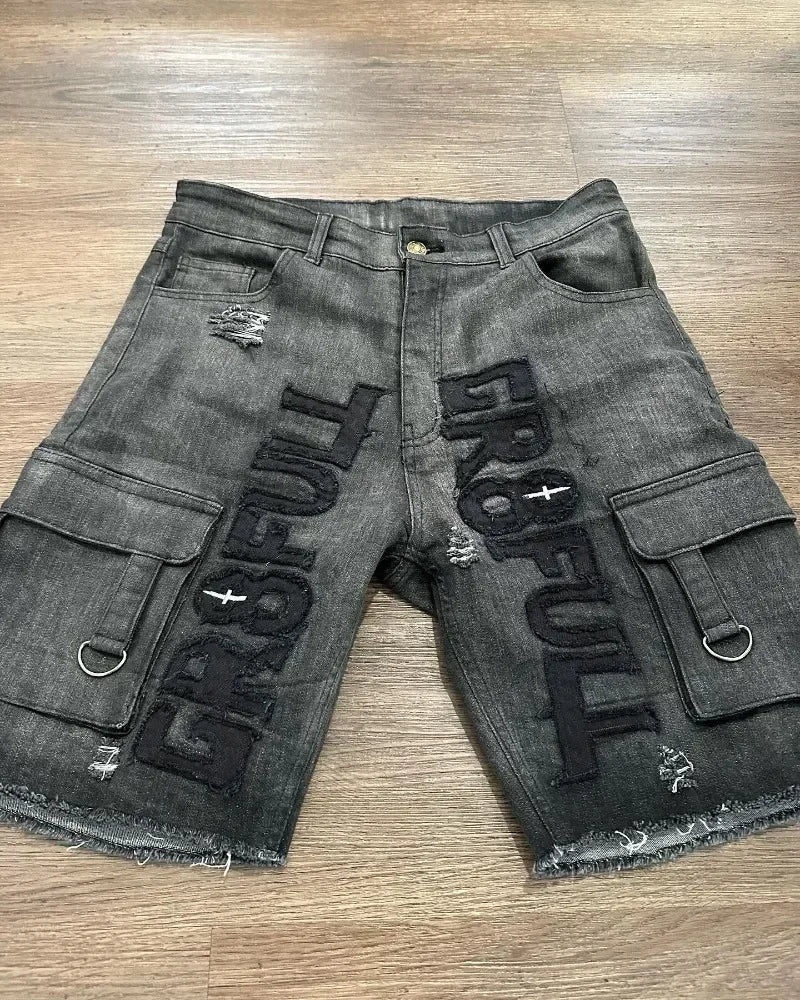 American New Retro Letter Embroidery Tooling Denim Shorts Trend Gothic Y2K Harajuku Hip-hop Loose Sports Shorts Street clothes