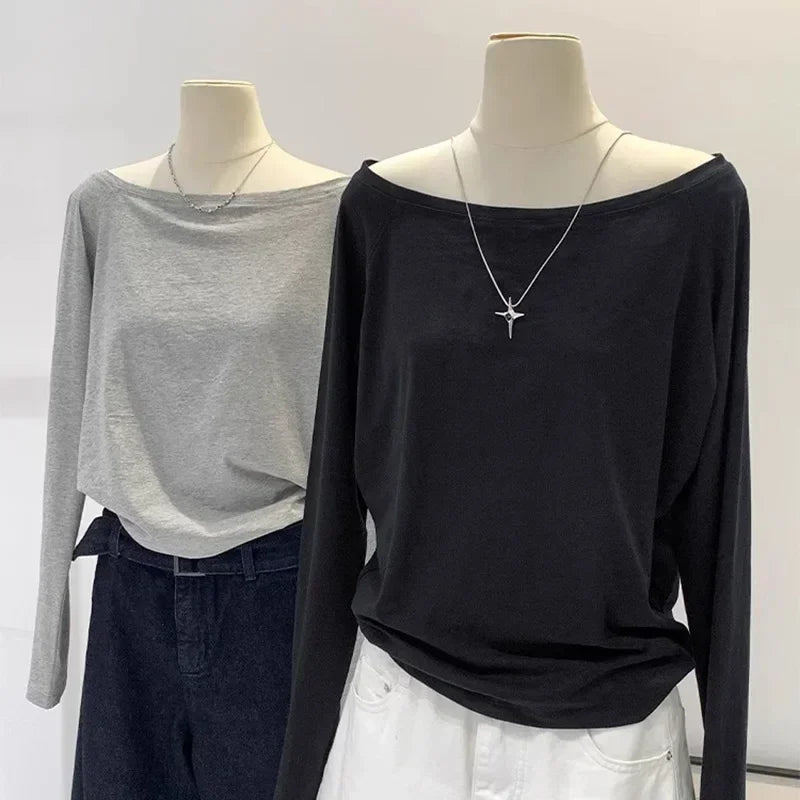 Autumn Winter One Shoulder Cotton Long Sleeve Slant Shoulder Women's Clothing Style Interior Wide Truffle Shoulder Base Shirt - Matrix-studios.com