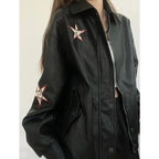 Autumn American Vintage Embroidered Leather Jacket Women Black PU Faux Fur Coat Letter Jaqueta Chaquetas Mujer - Matrix Studios