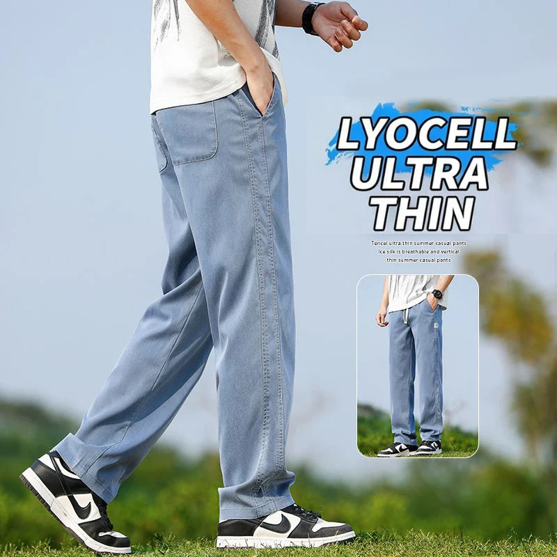 Men's Summer Soft Lyocell Fabric Jeans Thin Loose Straight Denim Pants Drawstring Elastic Waist Casual Trousers Plus Size M-5XL - Matrix Studios