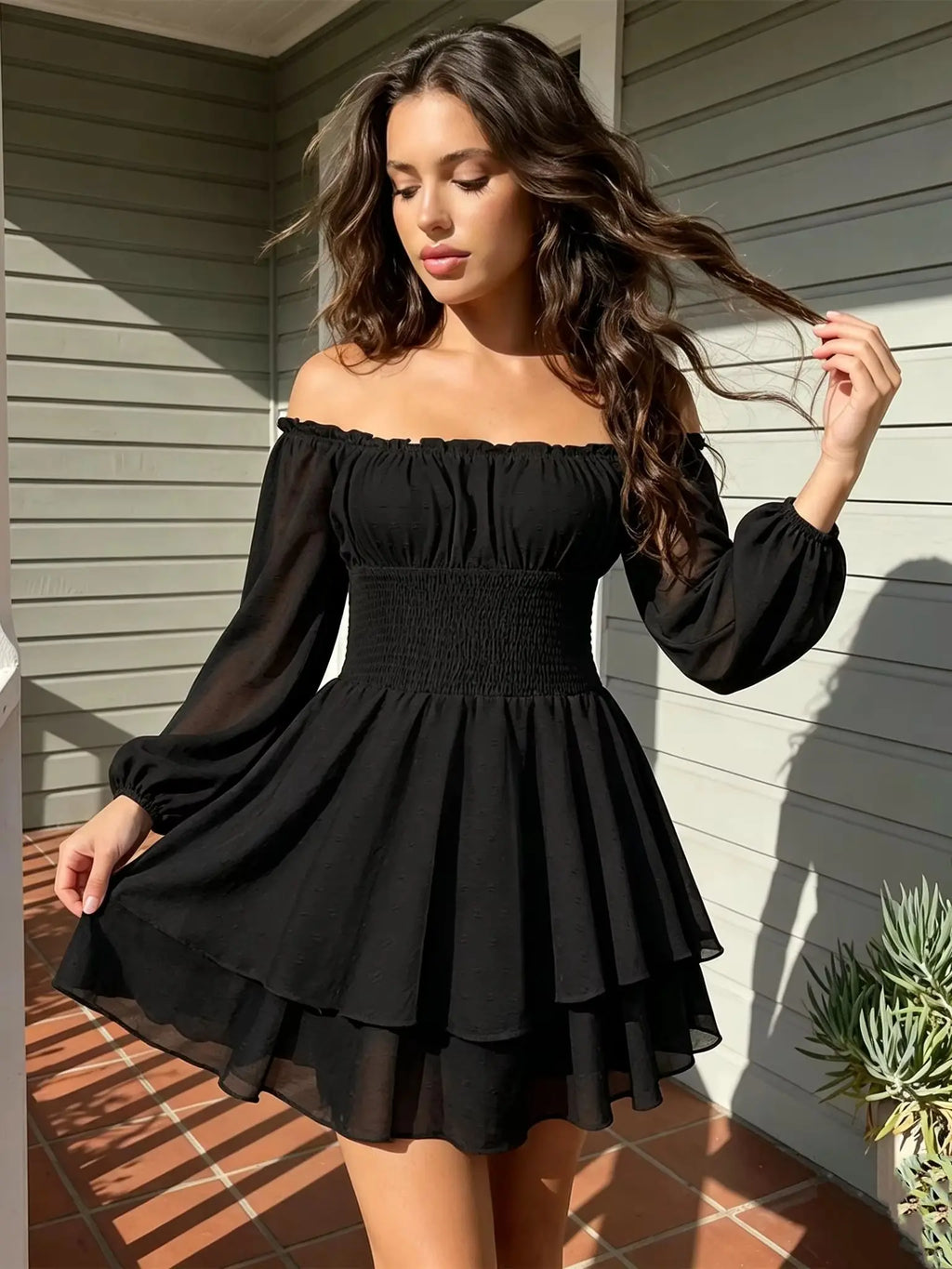 Women's Loose Playsuits Puff Long Sleeve Square Neck Ruffle Short Romper Dress Spring Fall Casual Elegant Overalls - Matrix Studios
