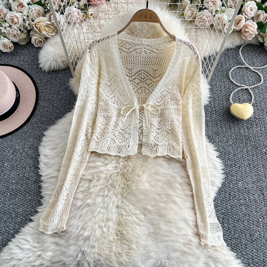 Women Tie Front Crop Cardigan Sheer Openwork Crochet Knit Top Lightweight Bolero Sweater Summer Fairycore Boho Chic Beach Outfit - Matrix Studios