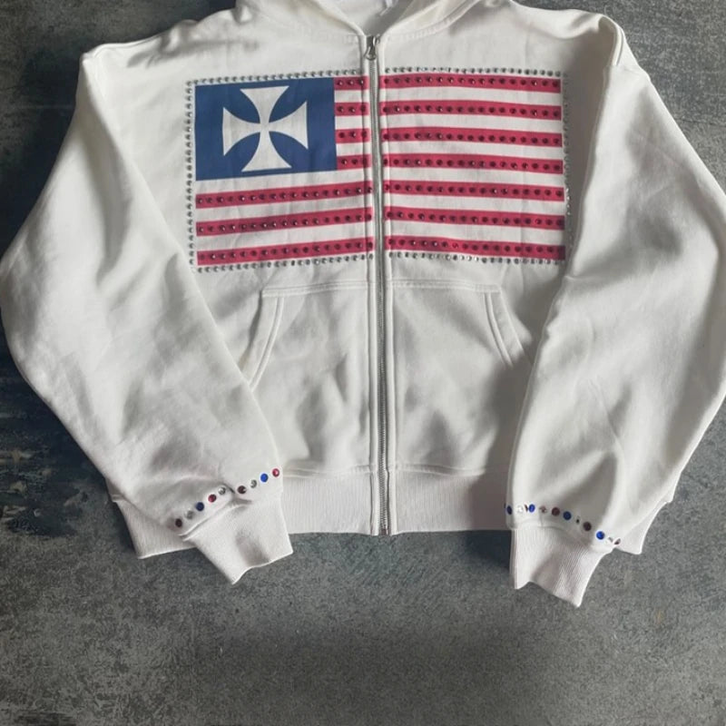 Autumn and Winter New Minimalist Design Color Collision Pattern Women Hooded Sweatshirt Harajuku Y2K Loose Zipper Sweatshirt - Matrix Studios