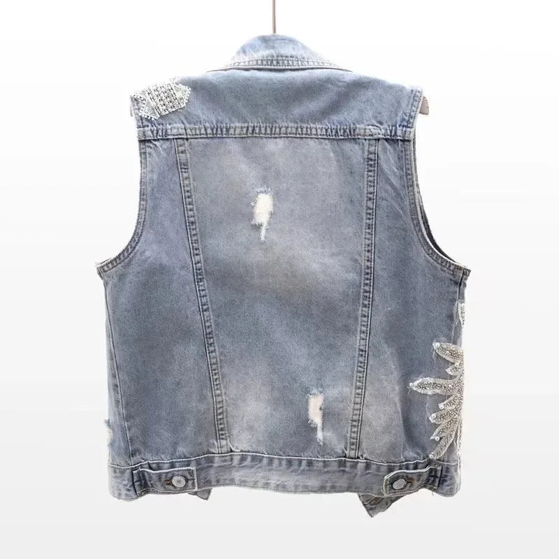 fashion Lace Beaded Denim Vest Women Cardigan 2026 New spring  Sleeveless Jacket Fashion Loose Vintage jeans Waistcoat tide R359 - Matrix Studios