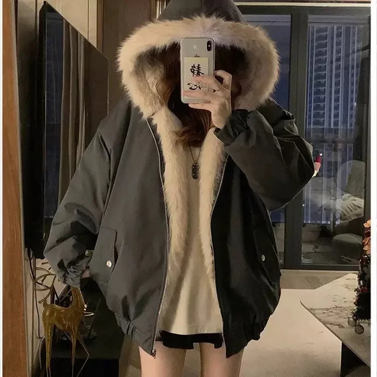Double-Sided Warm Fur Coat Women Autumn Winter Loose Thicken Plush Cotton Coat 2025 New Women Hooded Imitation Mink Fur Outwear - Matrix Studios