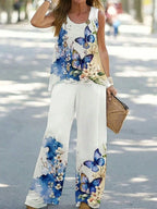 Simple Sleeveless Printed Vest Long Pants Set Women Summer Fashion Round Neck Casual T-Shirt Top Loose Pants Suit Clothes - Matrix-studios.com