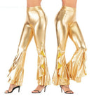 Women Shiny Flare Trousers Metallic Bell Bottoms Ruffle Wide Leg Pants Retro 70s Retro Disco Costume Stage Prom Club Trouser