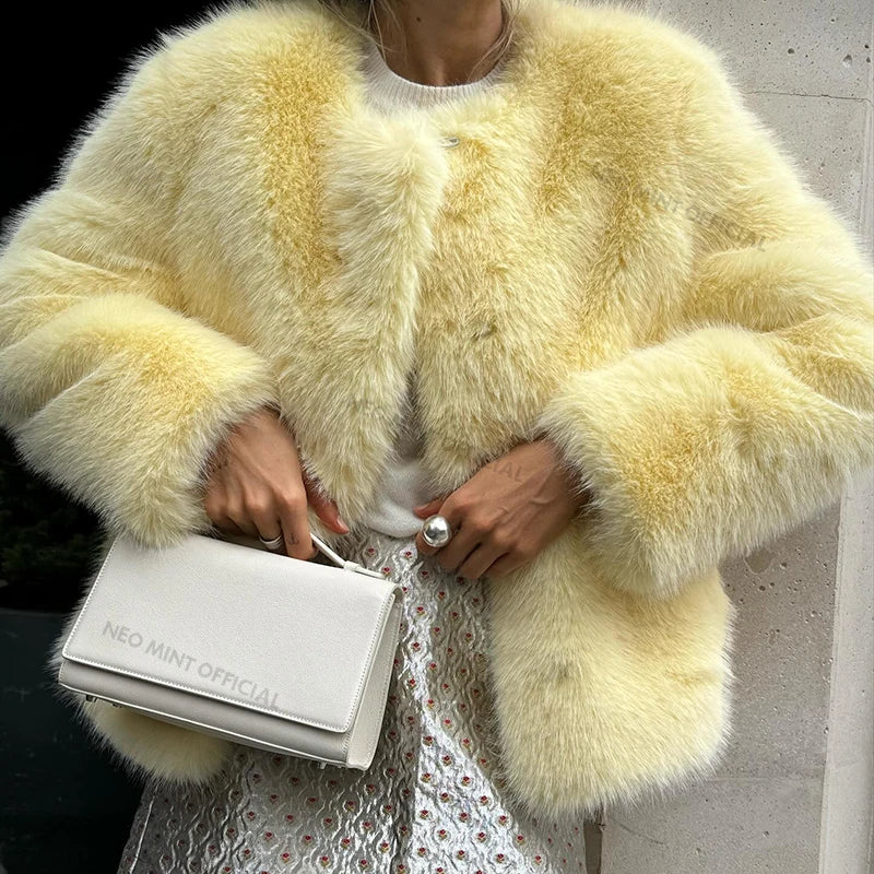 Neo Mint Cool Street Girls Winter Fashion Fluffy Fox Fur Jacket Women Casual Round Neck Faux Fur Coat Chic Thick Warm Outerwear - Matrix Studios