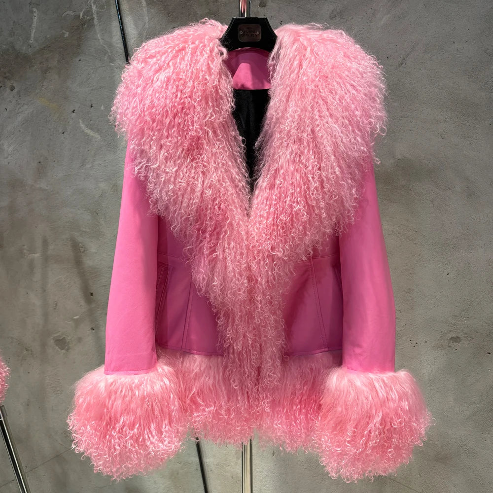 Sheep Fur Leather Coats Women Winter Luxury Mongolian Fur Leather Jackets with Long Sleeve with Natural Mongolian Fur 7251 - Matrix Studios