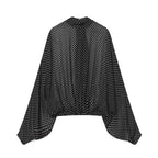 ETJ Women's Polka Dot Blouse Skirt Set 2026 Spring High Neck Batwing Sleeve Sheer Front Tie Bow Midi A-Line Dress Set - Matrix-studios.com