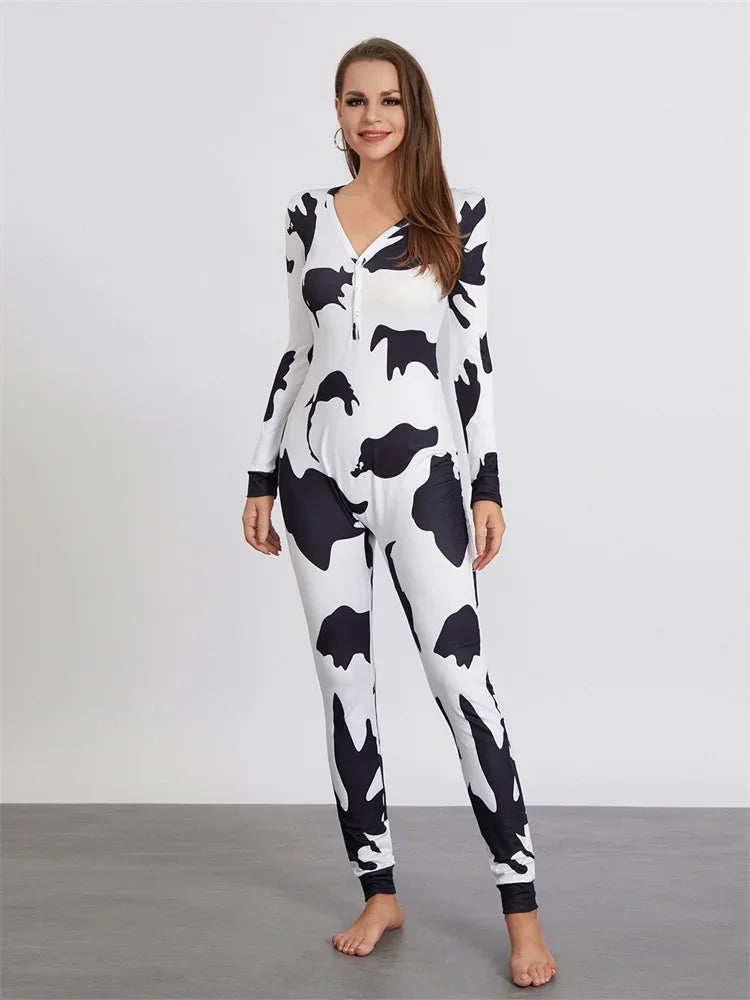 Women Buttoned Flap Jumpsuits Sleepwear Cow Printed Long Sleeve V Neck Bodycon Romper Spring Fall Loungewear - Matrix Studios