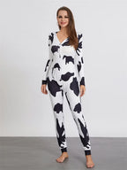 Women Buttoned Flap Jumpsuits Sleepwear Cow Printed Long Sleeve V Neck Bodycon Romper Spring Fall Loungewear - Matrix Studios