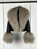 Janveny 2026 Winter Warm Faux Leather Sheepskin Coat Women Large Real Wool Fur Collar Zipper Slim Biker Pu Leather Short Jacket - Matrix Studios