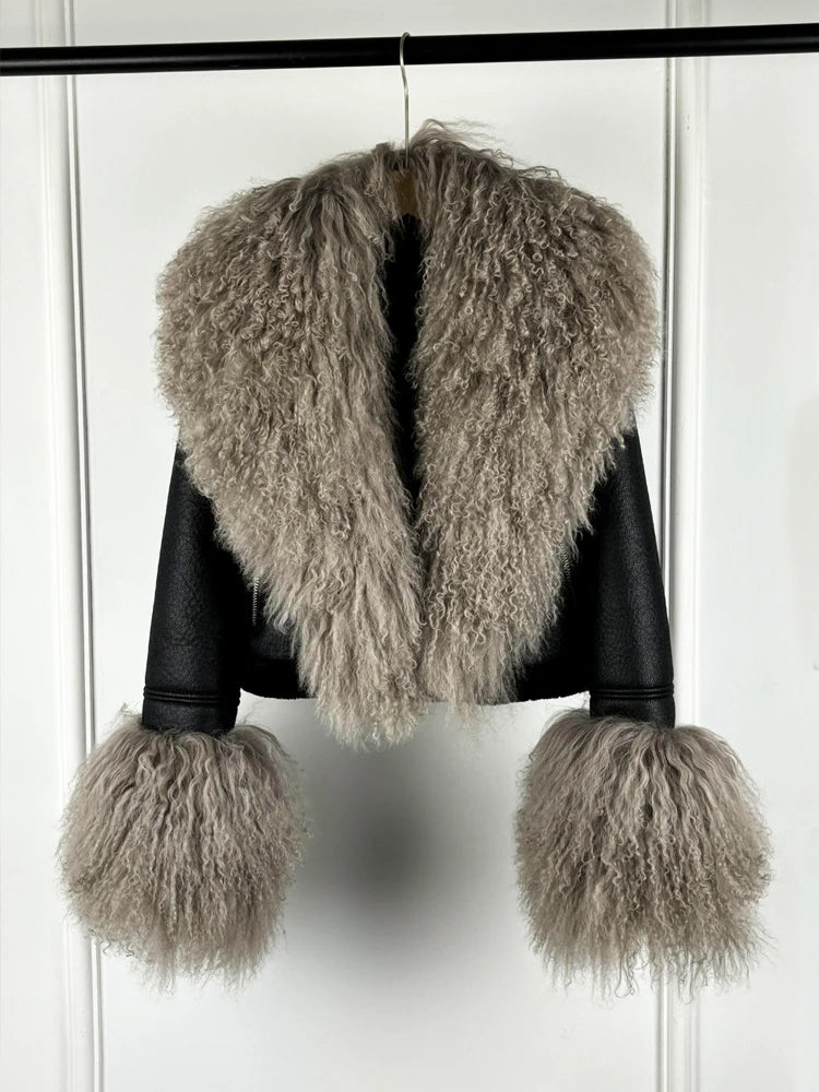 Janveny 2026 Winter Warm Faux Leather Sheepskin Coat Women Large Real Wool Fur Collar Zipper Slim Biker Pu Leather Short Jacket - Matrix Studios