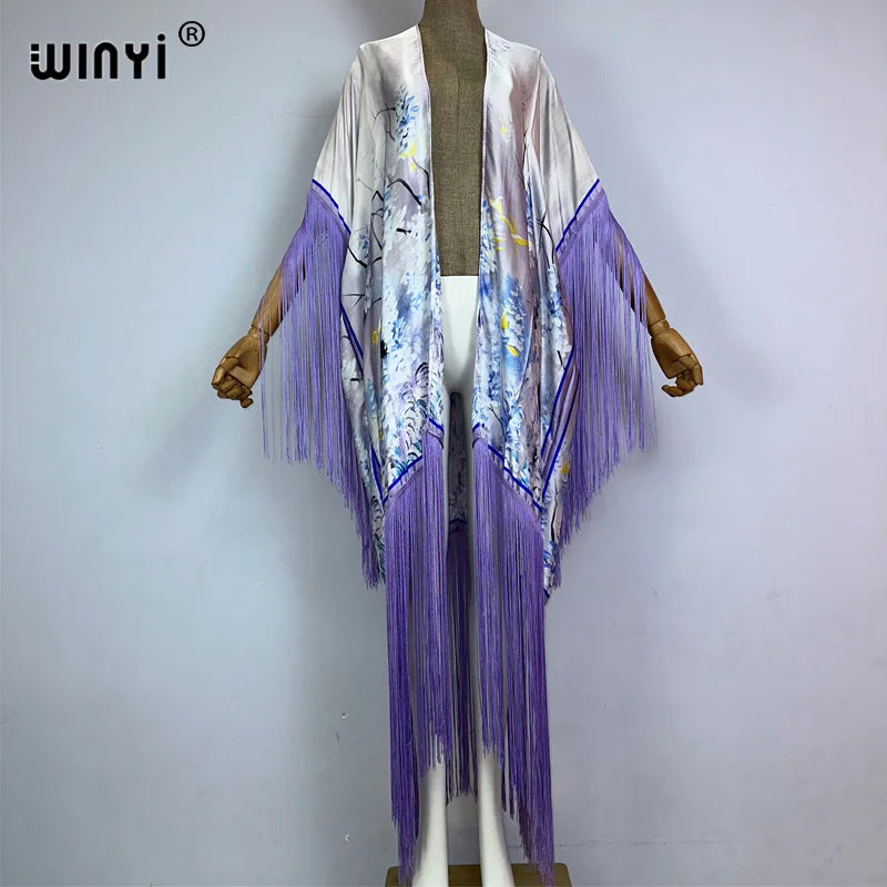 WINYI Kimono Cover-ups Summer Boho Print Bikini Cover-up Elegant Fashion Cardigan Sexy Holiday Long Sleeve Tassels Maxi Dress - Matrix Studios