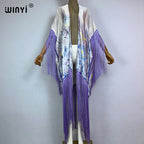 WINYI Kimono Cover-ups Summer Boho Print Bikini Cover-up Elegant Fashion Cardigan Sexy Holiday Long Sleeve Tassels Maxi Dress - Matrix Studios