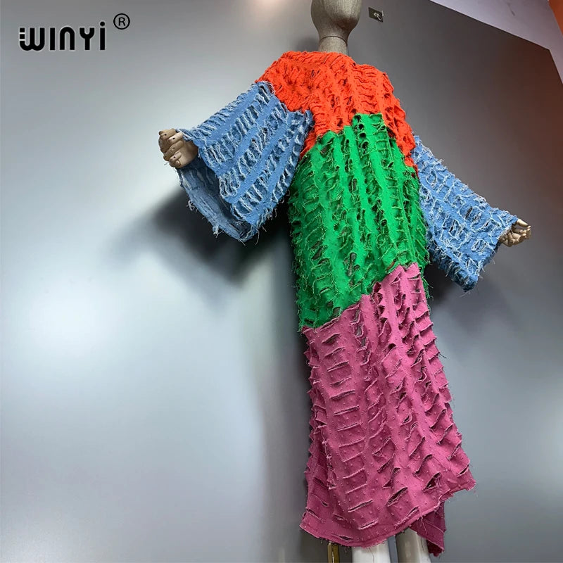 WINYI Kimono Colored Denim Cardigan Maxi Dress Beach Wear Cover-Up Abaya Dubai Luxury Beach Outfits for Women Broke Jeans Coat - Matrix Studios