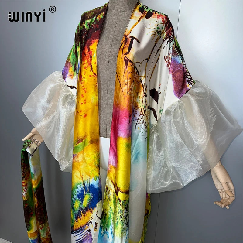 WINYI Summer Kimono Party Dress Beach Wear Swim Suit Cover Up African Women Loose Puff(ed) Sleeves Cardigan Boho Holiday Kaftan - Matrix Studios
