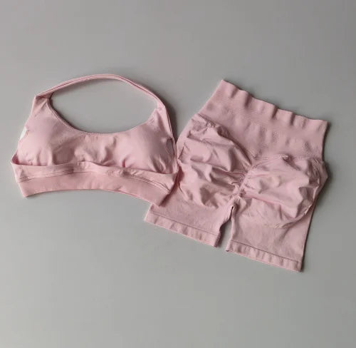 Sexy Halter Neck Beautiful Back High Waist Peach Sports Bras Shorts Suit Pilates Gathering Yoga Vest Training Fitness Bra Sets - Matrix-studios.com