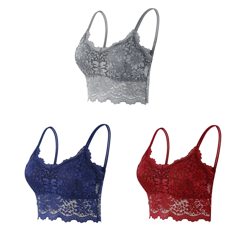 3PCS Women's Lace Bras Top Comfortable Bralette Solid Color Sexy Underwear Vest Female Hollow Out Wireless Lingerie Seamless Bra - Matrix Studios