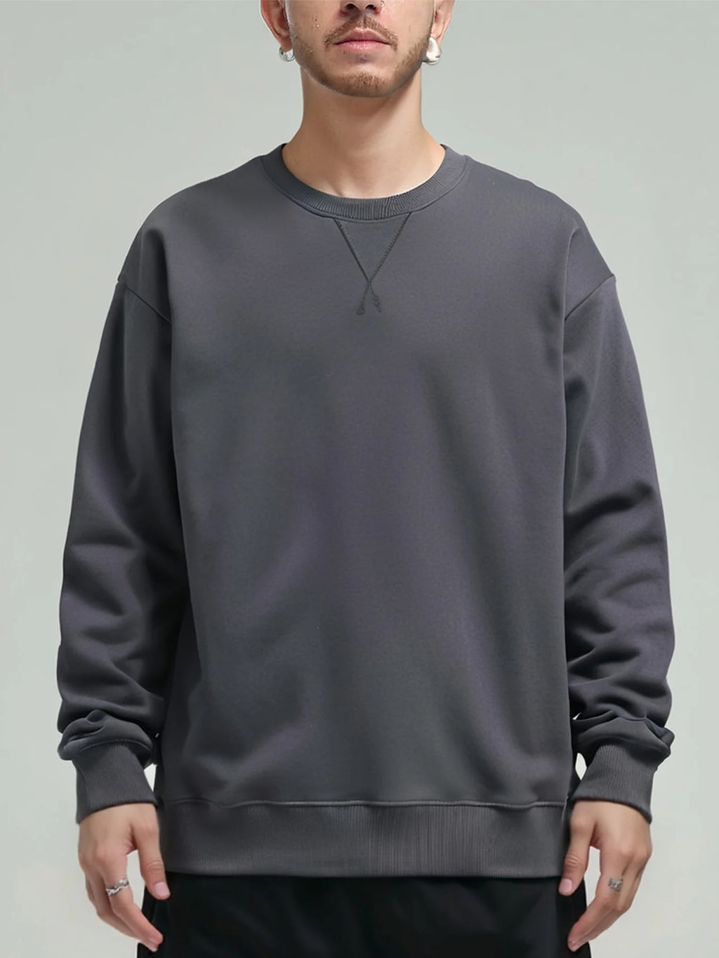 380g Tight Match Heavy Inverted Triangle Loose Versatile Solid Cotton Vintage Autum Winter Long Sleeve Round Neck Sweater - Matrix Studios