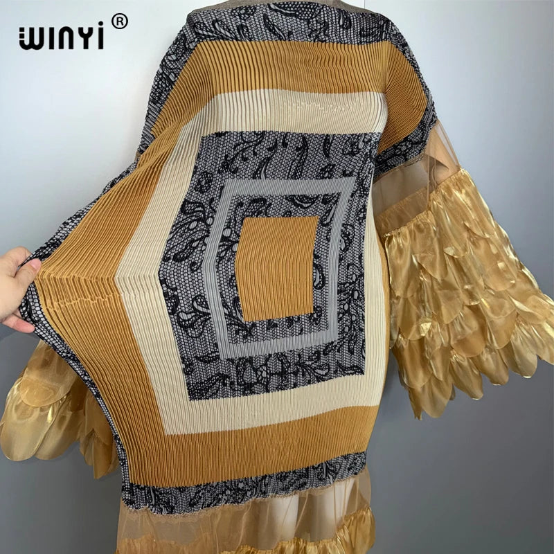 WINYI Pleated Elastic loose dress beach cover up kaftan abaya dubai luxury party dress fashion evening dress abaya muslim woman - Matrix-studios.com