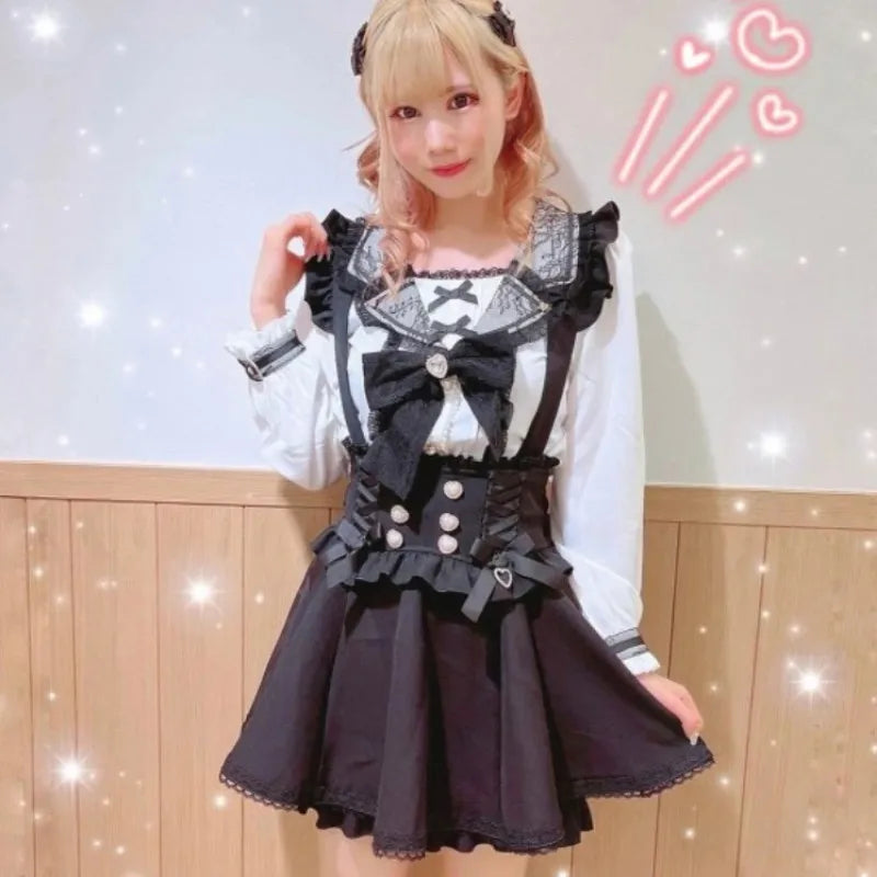 Japanese Gothic Lolita Ribbon Short Suspender plaid Skirt Girls Sweet Cute Lace A-Line Mini Skirts summer2026 black solid kawaii - Matrix-studios.com