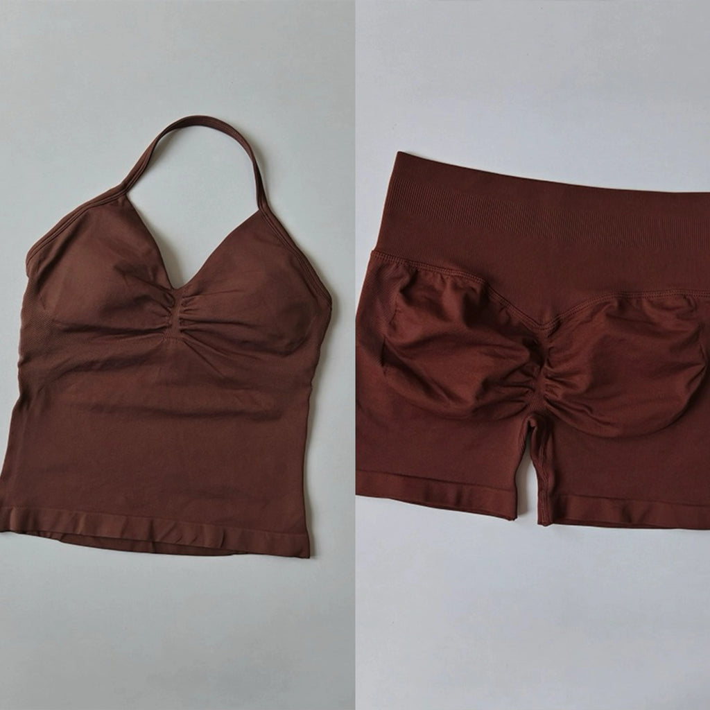 Sexy Halter Neck Beautiful Back High Waist Peach Sports Bras Shorts Suit Pilates Gathering Yoga Vest Training Fitness Bra Sets - Matrix-studios.com