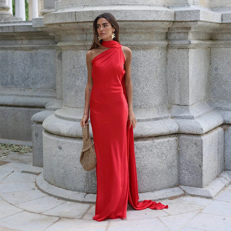 Elegant Ribbon Halter Dress Women Solid Off Shoulder Sleeveless Backless Slim Maxi Dresses 2025 Summer Autumn Party Robes Lady - Matrix-studios.com