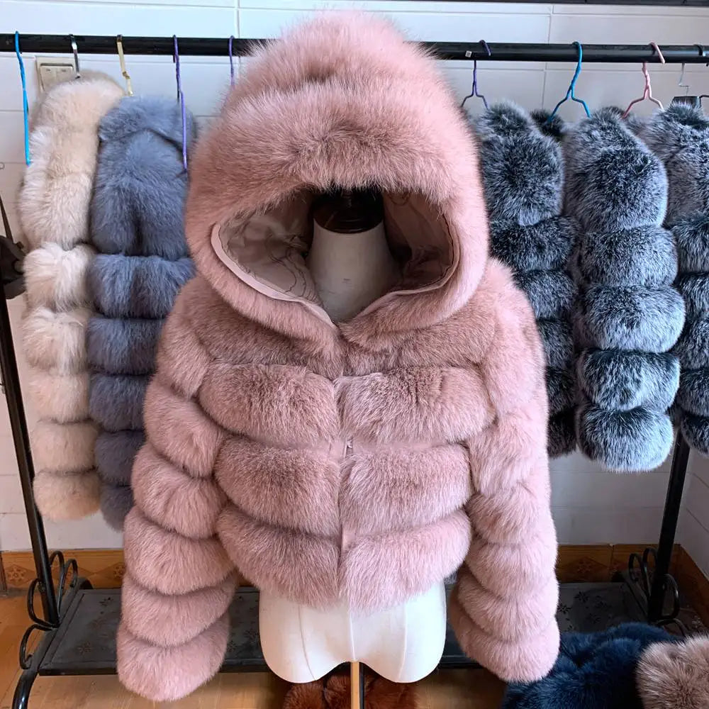 NEW 100%Winter Women Real Fox Fur Coat Thick Warm High Quality Full Sleeves New Natural Fur Fashion Hooded Short Jacket - Matrix Studios