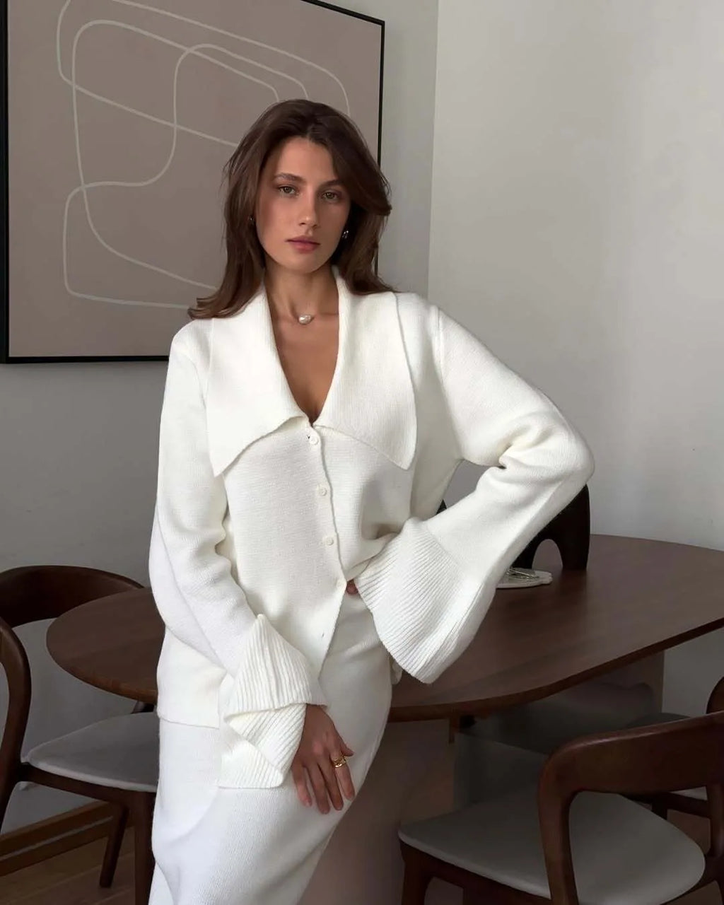 Hirsionsan Sexy Soft Elegant Vintage Women Suits 2 Pieces Female Sets Polo Neck Cardigan Sweater & Midi Dress Knitted TrackSuit - Matrix-studios.com