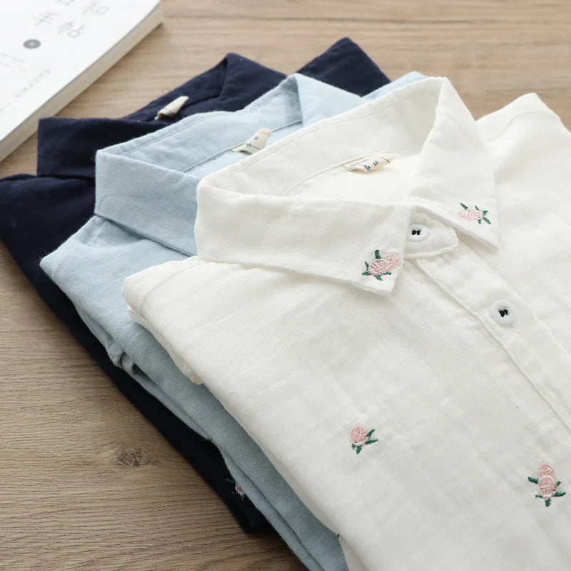 2026 Spring Autumn New Fresh Cotton Yarn Ladies Long Sleeve Shirt Flower Embroidered Women's Casual Shirt Female Blouse Clothes - Matrix-studios.com