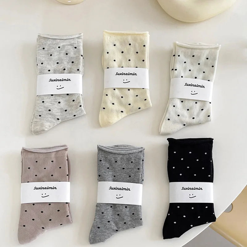 Women's spring summer thin vintage cream curled-edge women's socks polka dot mid-tube socks artistic socks women - Matrix Studios