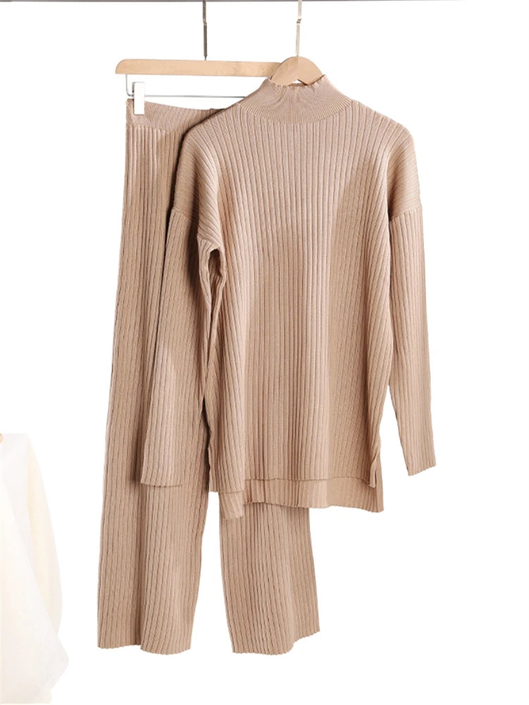 Autumn Winter 2 Pieces Women Sets Knitted Tracksuit Turtleneck Sweater and Straight Jogging Pants Suits - Matrix-studios.com