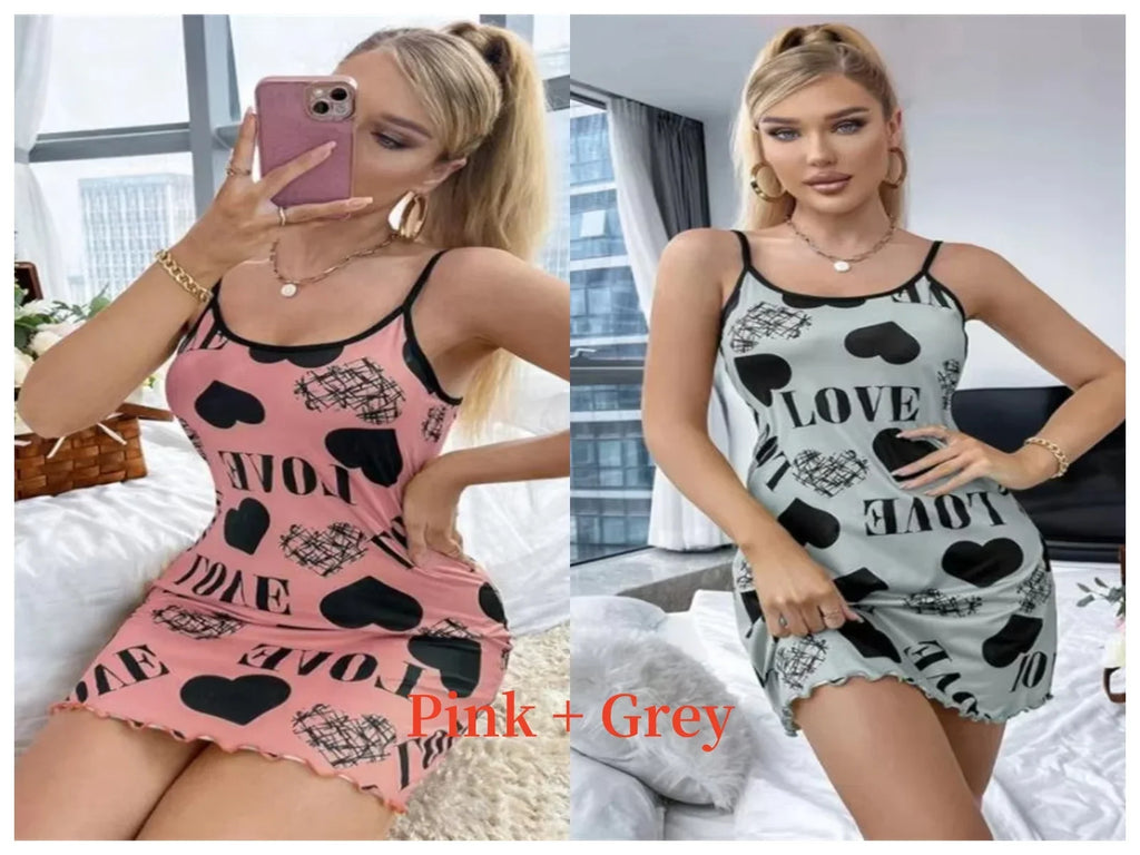 Summer New Women's Nightgown Beauty Back Thin Section Of Home Wear Sexy Halter Short Skirt Love Cartoon Cute Printing Pajamas - Matrix-studios.com
