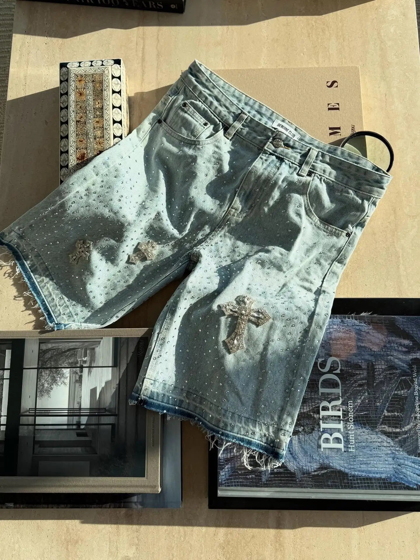 Gothic Rhinestone Cross Embroidery Viral Denim Jorts Y2K Vintage American Trend Gym Shorts Men Women Street Hip Hop Jean Short