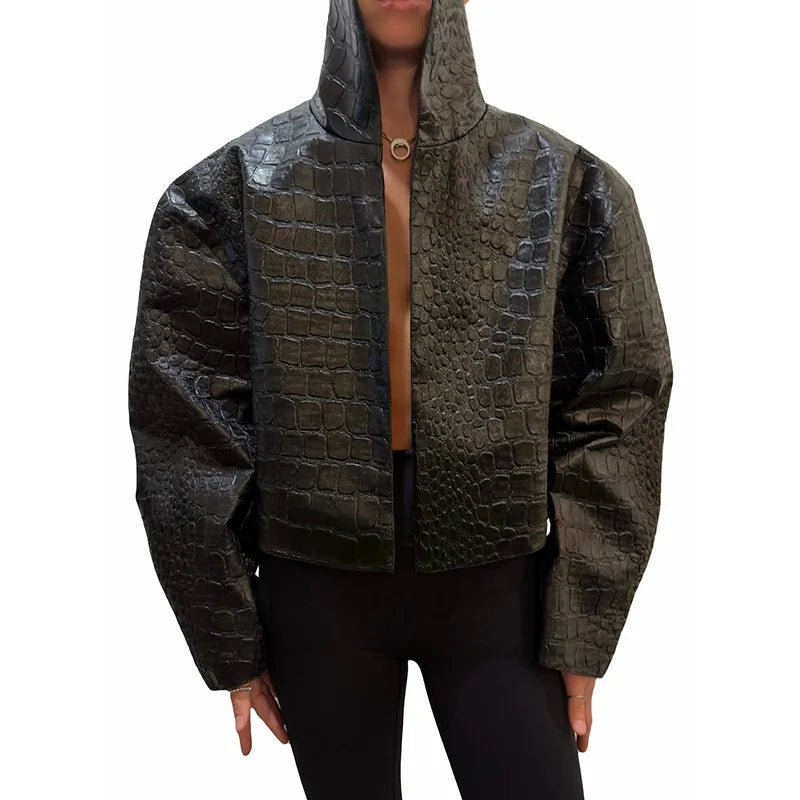 Women Cropped PU Leather Jacket Stand Collar Wide Flare Sleeve Asymmetrical Wrap Open Front Coat 2026 Autumn Chic Loose Jackets - Matrix Studios