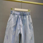 High waisted Jeans For Summer 2026 New Loose Elastic waist Hot pressed Diamond Pants Women's Casual Denim Trousers - Matrix-studios.com