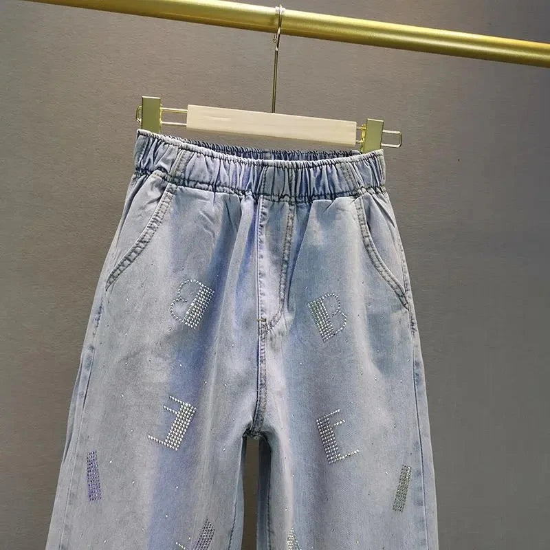 High waisted Jeans For Summer 2026 New Loose Elastic waist Hot pressed Diamond Pants Women's Casual Denim Trousers - Matrix-studios.com