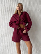 Bornladies Cotton Casual Pants Sets Women's Solid Color Cozy Lapel Long Sleeve Shirt Summer Outfit Elastic Waist Pants Suits - Matrix-studios.com
