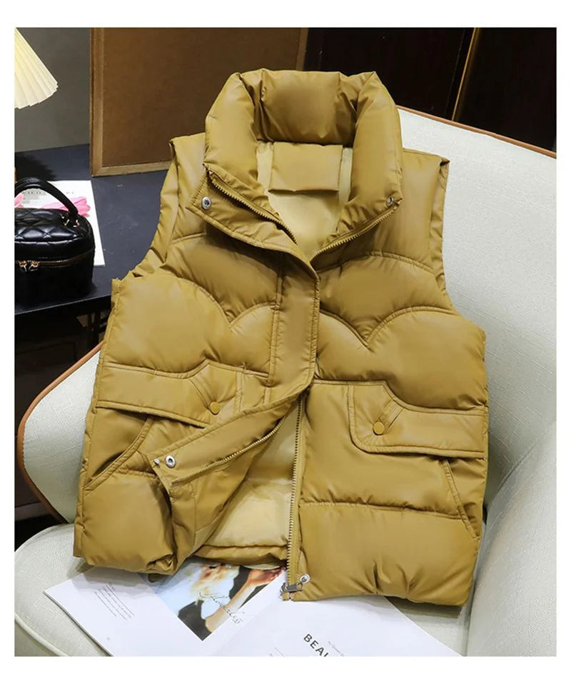 Down Cotton Vest Women 2025 New Autumn Winter Fashion Stand Collar All-Match Warm Sleeveless Waistcoat Jacket Ladies Female Tops - Matrix Studios