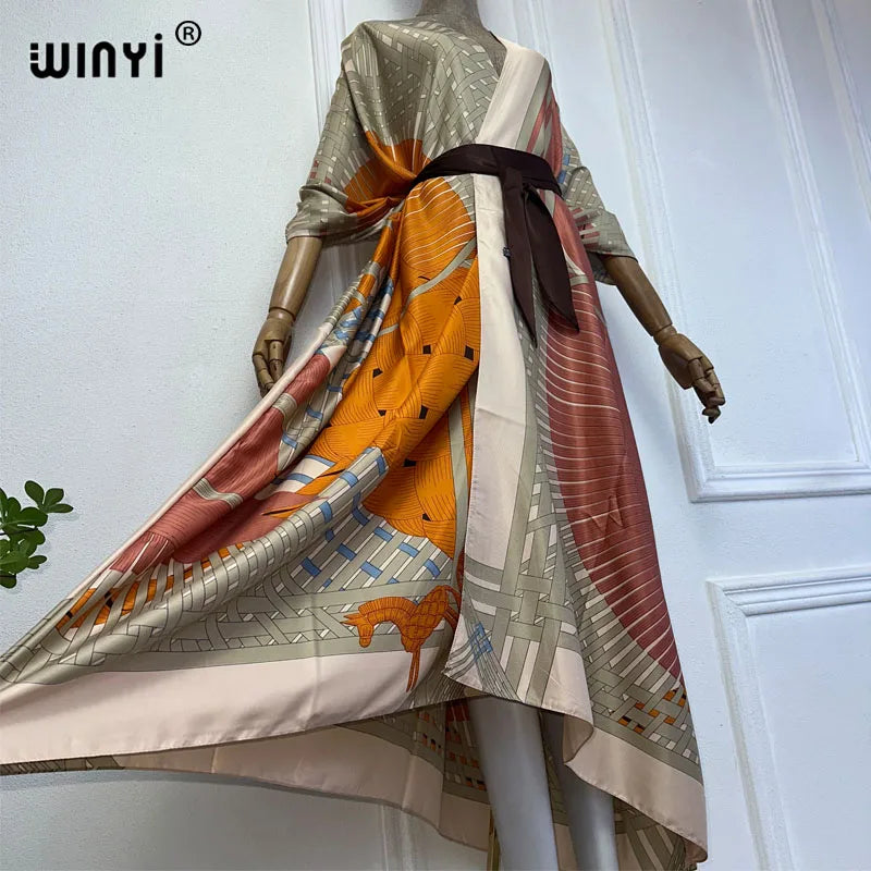 NEW WINYI Summer 2024 Print Middle East Kimono Beach Cover Up Dress Elegant African Women Boho Cardigan Holiday Maxi Abaya - Matrix Studios