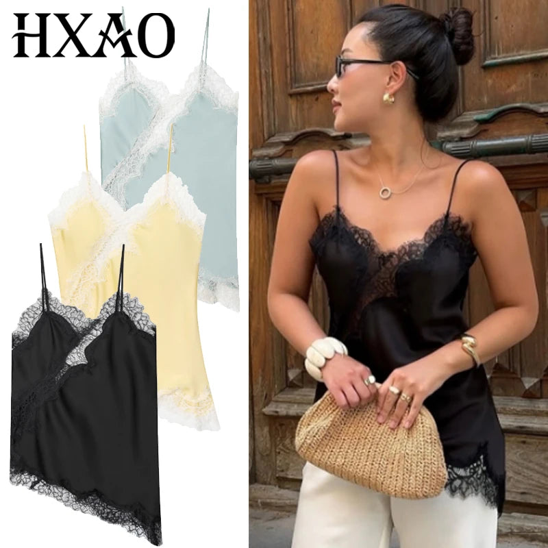 HXAO Asymmetrical Slip Top Women Summer 2025 Y2K Tanks & Camis Lace Black Off Shoulder Top Elegant Sleeveless Backless Camisole - Matrix-studios.com