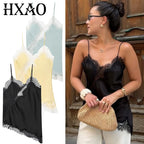 HXAO Asymmetrical Slip Top Women Summer 2025 Y2K Tanks & Camis Lace Black Off Shoulder Top Elegant Sleeveless Backless Camisole - Matrix-studios.com