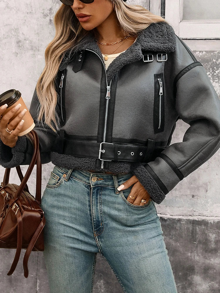 Ailegogo New Autumn Winter Women Loose Short Retro Faux Lamb Fur Coat Streetwear Female Zipper Belt Jacket Outwear - Matrix Studios
