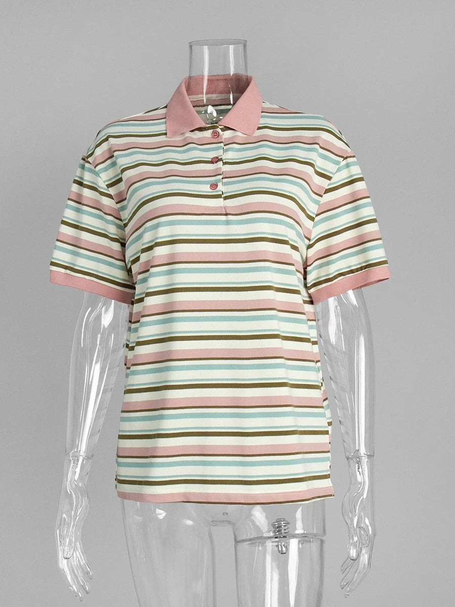 Bornladies Summer 2025 New Women's Retro Striped Polo Short Sleeve T-Shirt Loose Knitted Casual Top - Stylish Flattering Fit - Matrix-studios.com