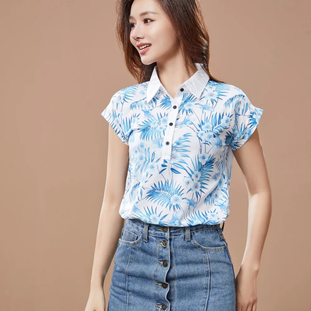Women Spring Summer Style Chiffon Blouses Shirt Lady Casual Short Sleeve Turn-down Collar Printed Casual Loose Tops DF3548 - Matrix-studios.com