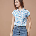 Women Spring Summer Style Chiffon Blouses Shirt Lady Casual Short Sleeve Turn-down Collar Printed Casual Loose Tops DF3548 - Matrix-studios.com