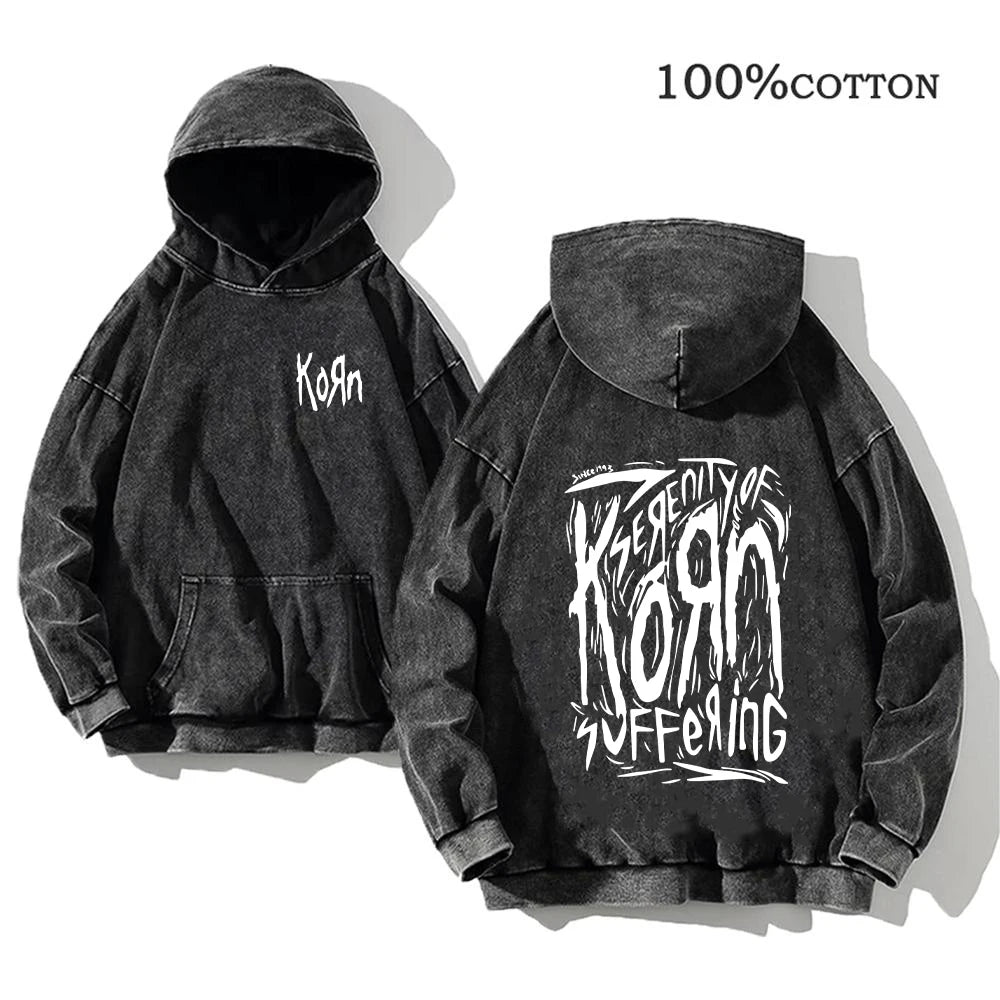 Korn Rock Band World Tour Hoodies Vintage Washed Men's Sweatshirts Cotton Hip Hop Streetwear Hooded Pullover Loose Y2K Tops - Matrix Studios