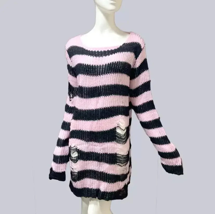 New Streetwear Top Punk Gothic Long Unisex Sweater Summer Women Striped Cool Hollow Out Hole Broken Jumper Loose Rock Thin Dark - Matrix Studios